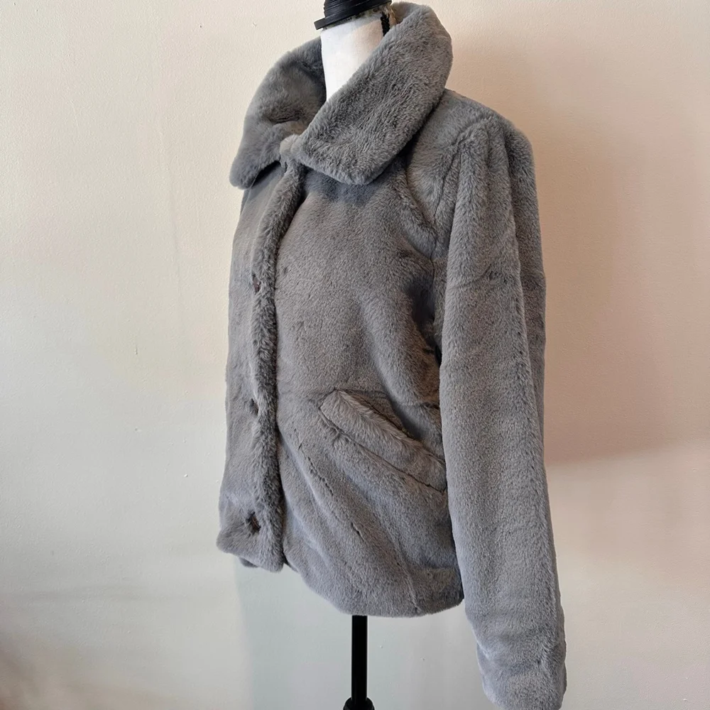 Fat Face (UK) Silver-Grey Faux Fur Jacket | Y2K Minimal Luxe Coat | US 8/ UK 12 - Picture 3 of 13